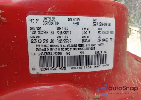 1998 Jeep Cherokee Se из США, поврежденный, VIN 1J4FJ28S5WL222690